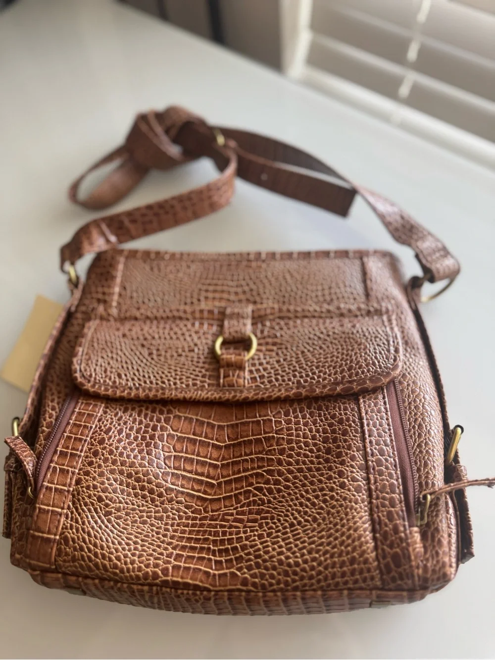 NWT Coldwater Creek Brown Faux Leather Crocodile Sophie Crossbody Bag Gold Tones